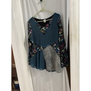This & That Mixed Media Teal Gray Color Block Top Sz Xl
